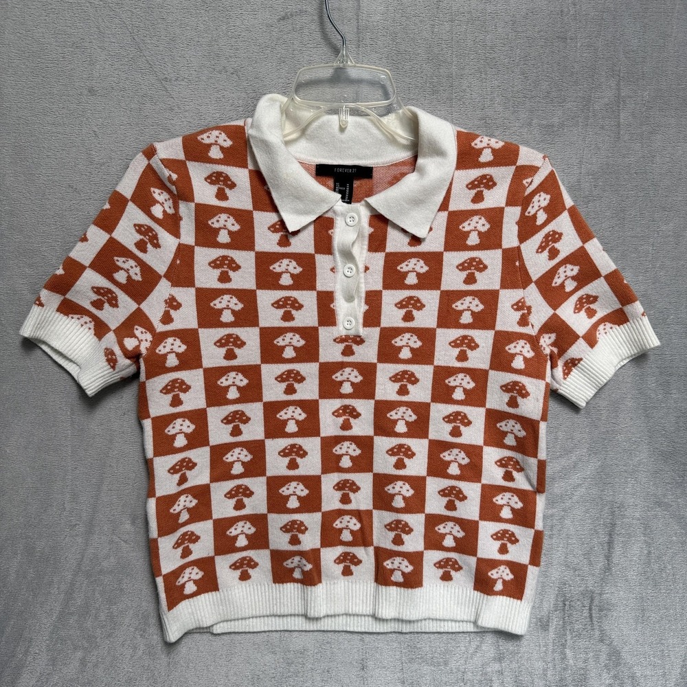 Forever 21 Sweater Womens Medium Orange Mushroom Check Collared Knit Polo Top